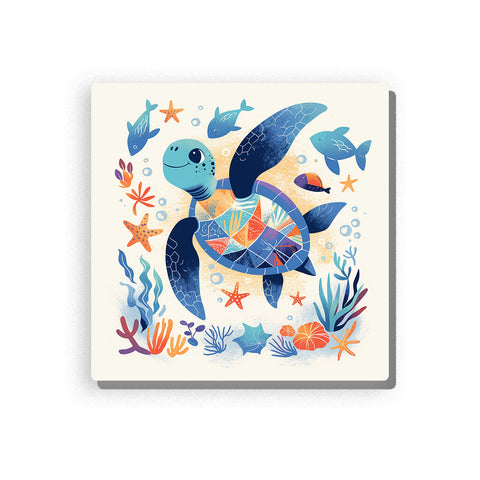 Colorful sea turtle swimming in a coral reef with patterned shell, blue flippers, small fish, bubbles, starfish, sea plants, and playful underwater animal mood, paint by numbers by PaintEasy