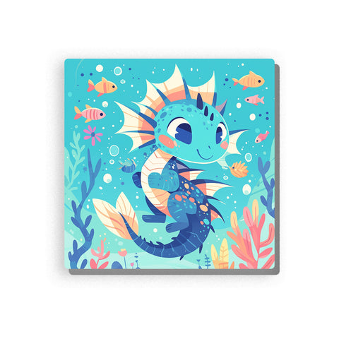 Cute sea dragon in a coral reef with small colorful fish, bubbles, pastel sea plants, curled tail, fin-like frills, and playful underwater fantasy mood by PaintEasy