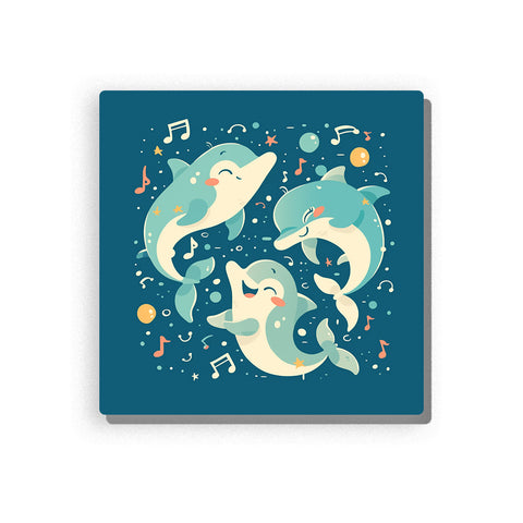 Three dancing dolphins in a deep teal ocean scene with music notes, bubbles, tiny stars, coral accents, curved swimming poses, and playful sea-animal mood, paint by numbers by PaintEasy