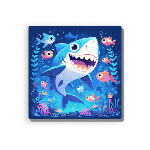 Big smiling shark swimming with colorful fish in a blue underwater scene with coral, sea plants, bubbles, deep ocean layers, and playful sea-animal mood, paint by numbers by PaintEasy