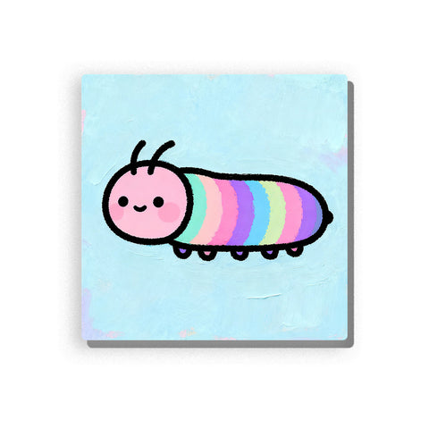 Rainbow caterpillar with pink head, tiny black eyes, simple antennae, short feet, pastel body bands, soft blue background, and playful first-insect mood, paint by numbers by PaintEasy