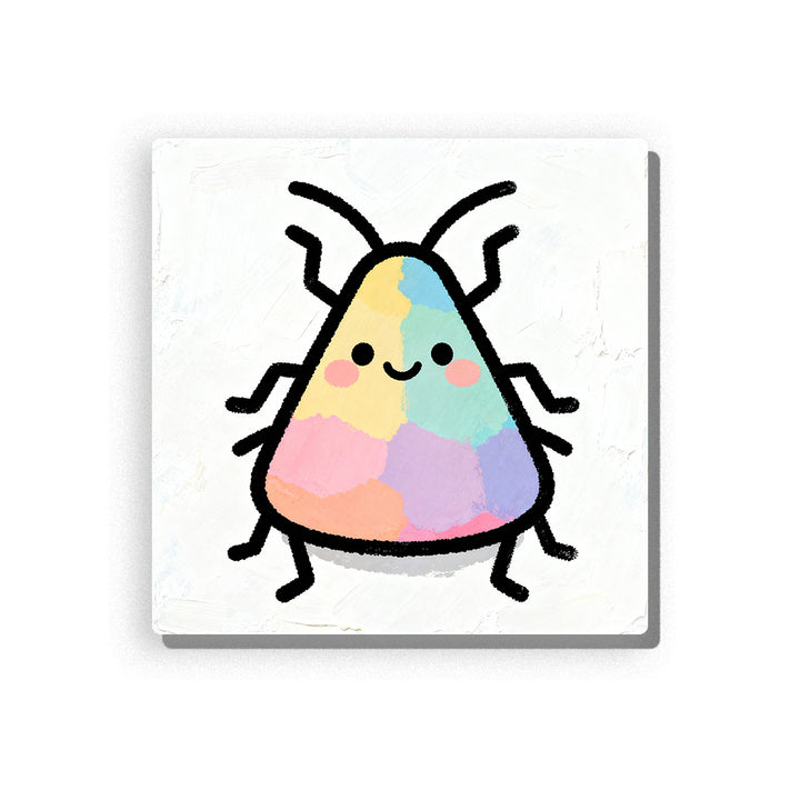 Pastel stinkbug with shield-like body, curved antennae, six simple black legs, tiny eyes, rosy cheeks, rainbow-like color blocks, and friendly first-insect mood, paint by numbers by PaintEasy
