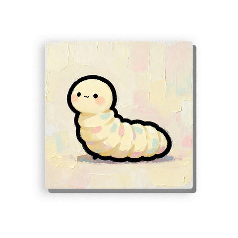 Cute cream caterpillar with rounded head, tiny black eyes, rosy cheeks, soft body segments, pastel background blocks, and gentle first-insect mood, paint by numbers by PaintEasy