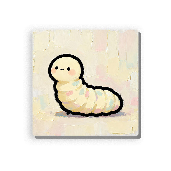Cute cream caterpillar with rounded head, tiny black eyes, rosy cheeks, soft body segments, pastel background blocks, and gentle first-insect mood, paint by numbers by PaintEasy