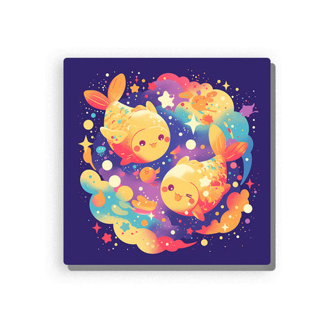 Two magical goldfish swimming in colorful starry water with flowing fins, rainbow bubbles, tiny stars, deep blue background, and playful aquatic animal mood, paint by numbers by PaintEasy