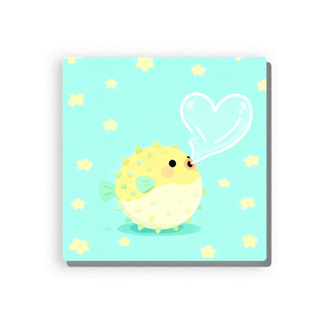 Cute yellow pufferfish blowing a heart-shaped bubble with round body, small fins, dot details, soft aqua background, and sweet ocean animal mood, paint by numbers by PaintEasy