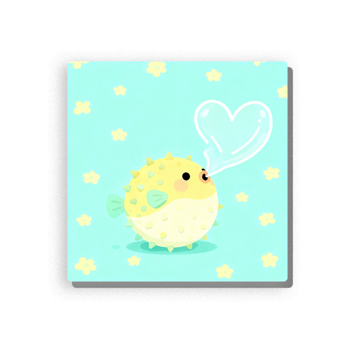 Cute yellow pufferfish blowing a heart-shaped bubble with round body, small fins, dot details, soft aqua background, and sweet ocean animal mood, paint by numbers by PaintEasy