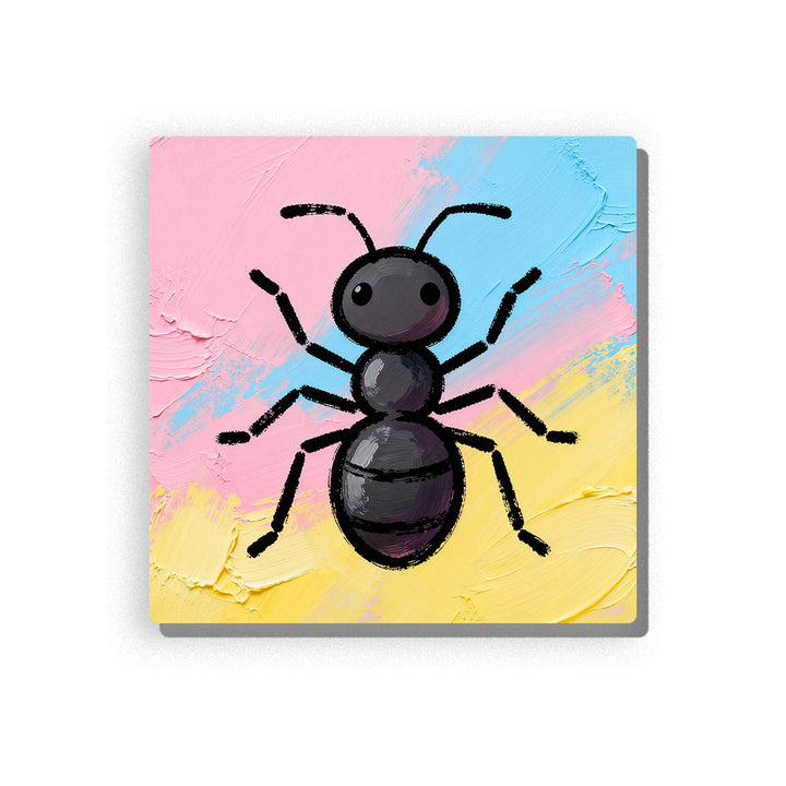 Black ant with round head, three body sections, thin legs, curved antennae, pastel rainbow background, and bold first-insect learning mood, paint by numbers by PaintEasy
