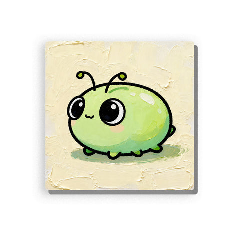 Green glowworm with large glossy eyes, curved antennae, tiny feet, rounded light green body, cream textured background, and gentle first-insect mood, paint by numbers by PaintEasy