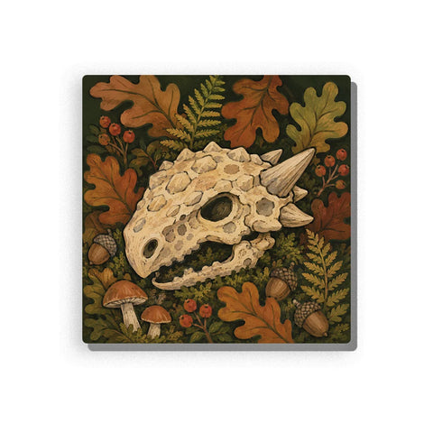 Ankylosaur Paint by Numbers for Kids featuring fossil skull surrounded by autumn oak leaves, ferns, mushrooms, acorns, berries and woodland plants