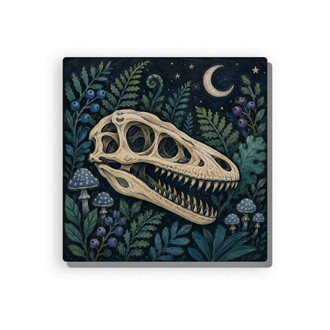 Velociraptor Paint by Numbers for Kids featuring dinosaur fossil skull with sharp teeth surrounded by moonlit ferns, blue mushrooms, berries, crescent moon and stars