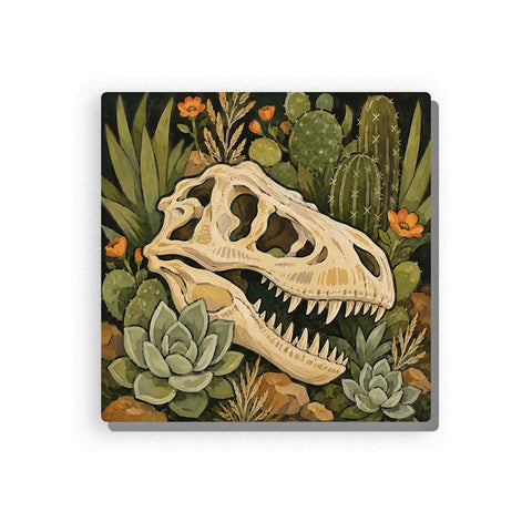 Dinosaur Paint by Numbers for Kids featuring large fossil skull with sharp teeth surrounded by green cactus, succulents, agave leaves and orange desert flowers