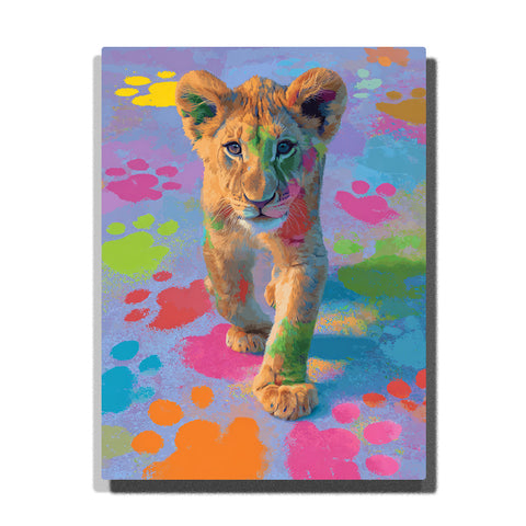 Lion cub walking through colorful paint paw prints with golden-brown fur, blue-gray eyes, bright pink orange green and blue marks, paint by numbers wall art by PaintEasy