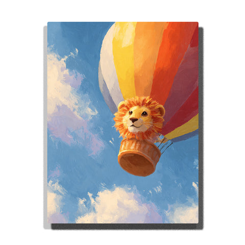 Lion cub riding in a basket beneath a rainbow hot air balloon with golden mane, blue sky, white clouds, warm balloon panels, and sunny adventure mood, paint by numbers wall art by PaintEasy