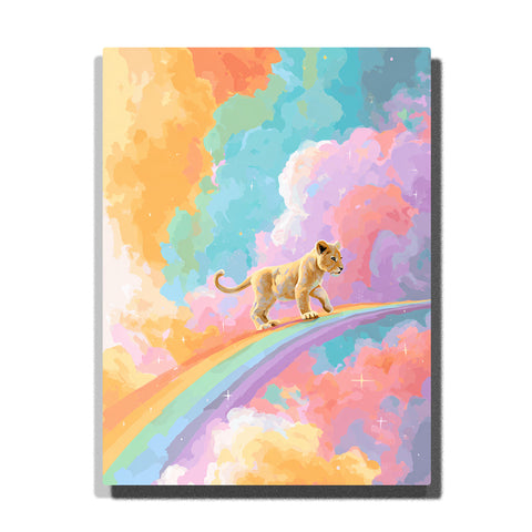 Lion cub walking across a curved rainbow in pastel clouds with golden fur, soft pink sky, aqua cloud shapes, and dreamy fantasy color, paint by numbers wall art by PaintEasy