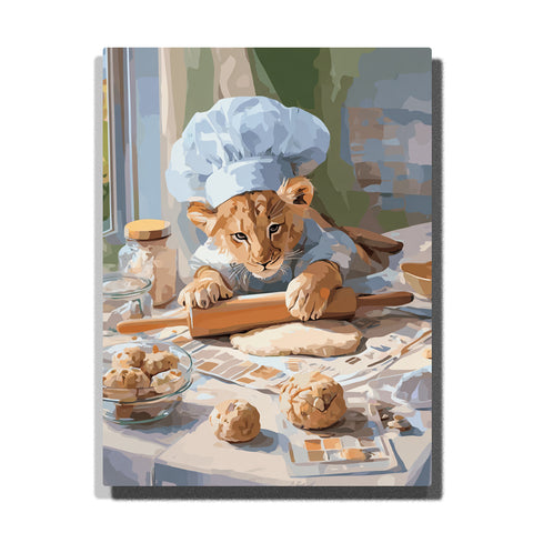 Lion cub in a white chef hat rolling dough on a kitchen table with apron, rolling pin, cookie pieces, glass jars, and warm baking scene, paint by numbers wall art by PaintEasy