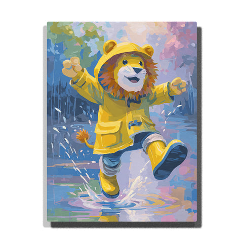 Lion cub in yellow raincoat splashing in a rainy puddle with matching boots, golden mane, blue reflections, and playful water spray, paint by numbers wall art by PaintEasy