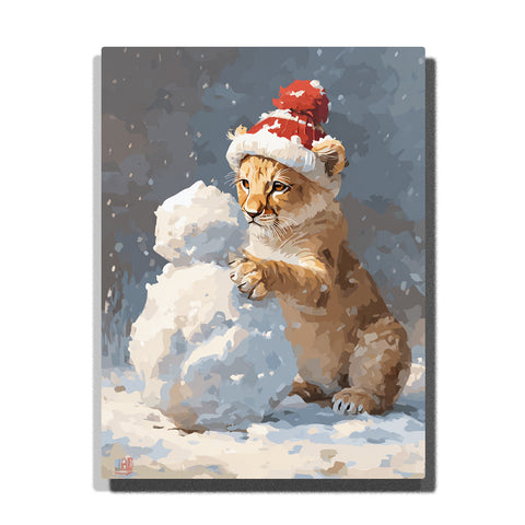 Lion cub wearing a red Santa hat building a snowman with golden-brown fur, falling snow, white snow shapes, and gray-blue winter background, paint by numbers wall art by PaintEasy