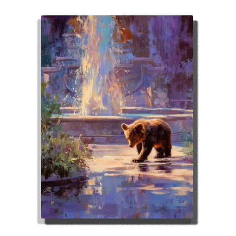 Bear cub walking beside a glowing fountain with warm brown fur, violet dusk shadows, reflective wet ground, soft greenery, and magical garden light, paint by numbers wall art by PaintEasy