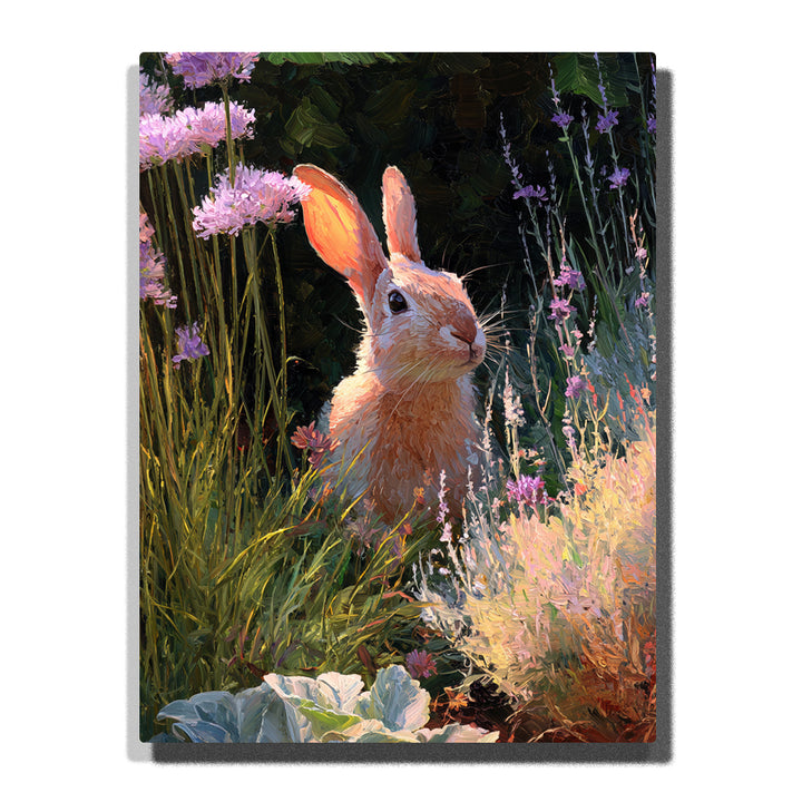 Brown rabbit sitting among tall garden grass with glowing orange ear, dark eye, purple flowers, deep green foliage, and warm sunlight, paint by numbers wall art by PaintEasy