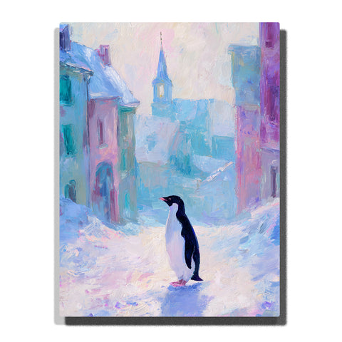 Penguin walking through a pastel snowy town with black back, white belly, pink feet, misty blue street, lavender buildings, and distant tower, paint by numbers wall art by PaintEasy