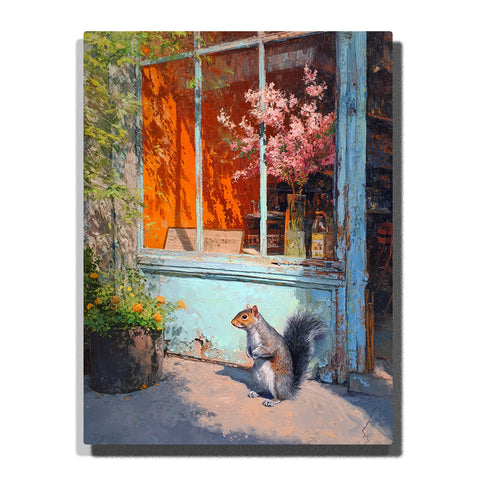 Gray squirrel outside a blue flower shop window with fluffy dark tail, warm orange interior light, pink blossoms, potted plants, and leafy shadows, paint by numbers wall art by PaintEasy