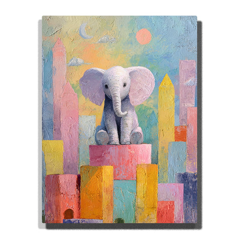 Baby elephant sitting among colorful city blocks with large lavender ears, pink platform, pastel towers, crescent moon, and warm pink sun, paint by numbers wall art by PaintEasy