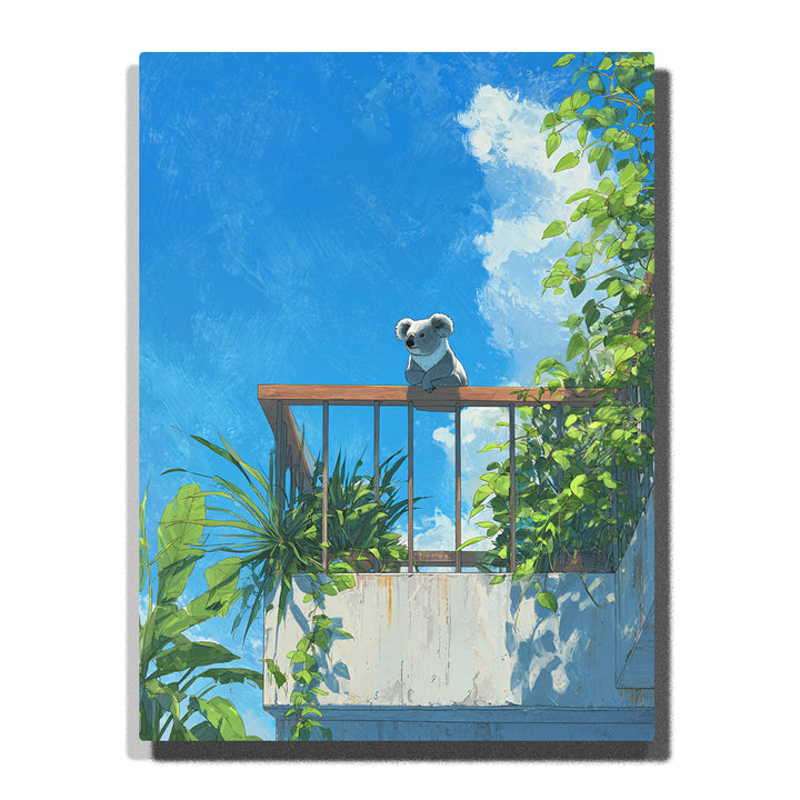 Koala sitting on a sunny balcony railing with bright blue sky, white wall, wooden handrail, green vines, potted plants, and soft plant shadows, paint by numbers wall art by PaintEasy
