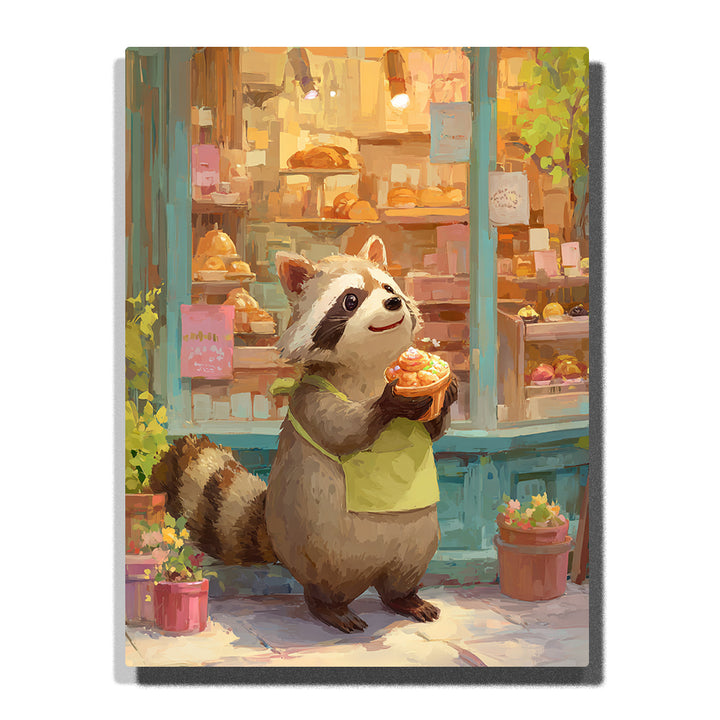 Raccoon holding a pastry bowl outside a cozy bakery with warm window lights, turquoise storefront, striped tail, green apron, and dessert shelves, paint by numbers wall art by PaintEasy