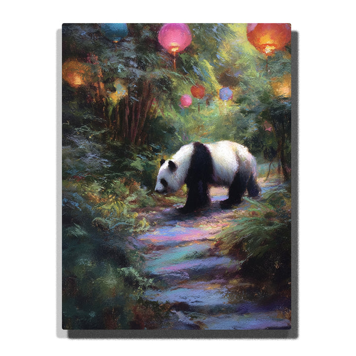 Panda walking along a lantern-lit forest path with glowing hanging lanterns, lush green foliage, dreamy woodland shadows, and colorful evening light, paint by numbers wall art by PaintEasy