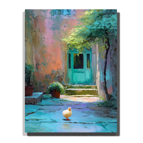 Yellow chick walking through a sunlit courtyard with turquoise door, peach wall, leafy tree, stone path, and soft potted plants, paint by numbers wall art by PaintEasy