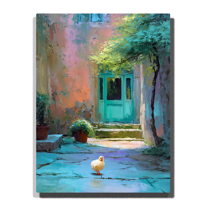 Yellow chick walking through a sunlit courtyard with turquoise door, peach wall, leafy tree, stone path, and soft potted plants, paint by numbers wall art by PaintEasy