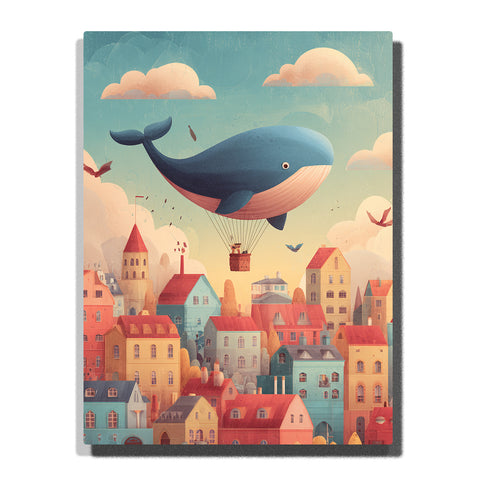Blue whale floating above a pastel rooftop town with cream striped belly, red roofs, colorful houses, soft clouds, and tiny birds, paint by numbers wall art by PaintEasy