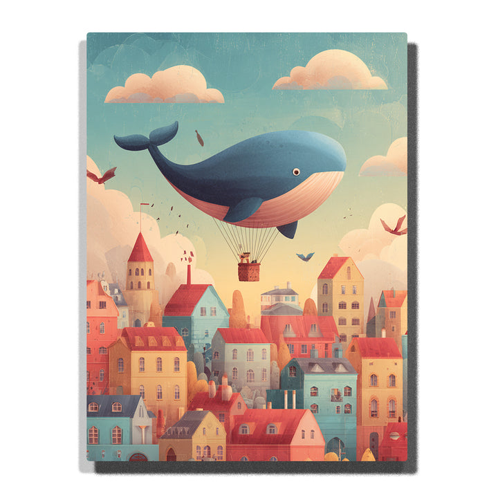 Blue whale floating above a pastel rooftop town with cream striped belly, red roofs, colorful houses, soft clouds, and tiny birds, paint by numbers wall art by PaintEasy