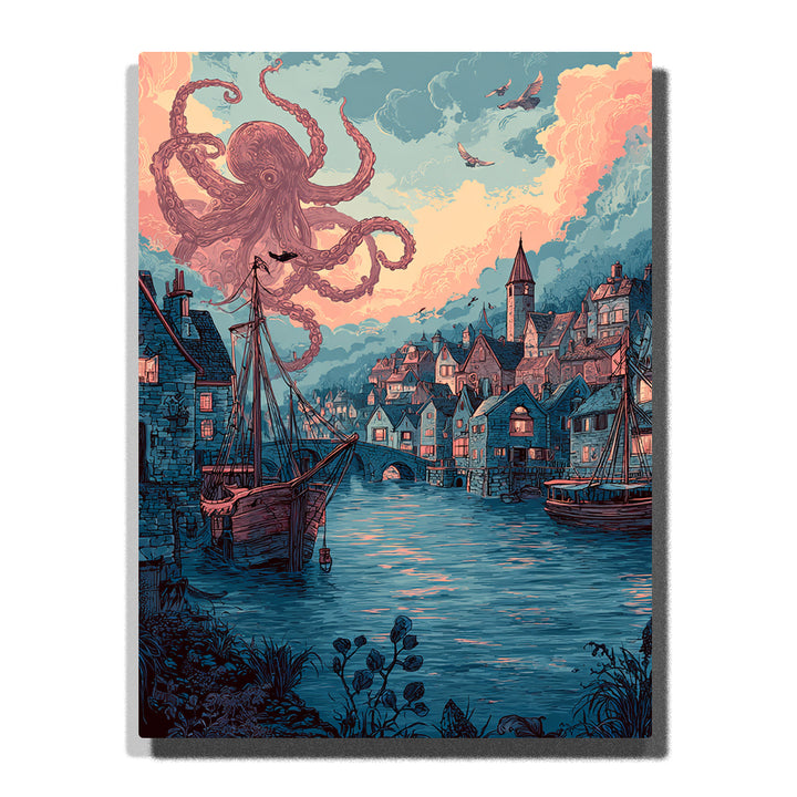 Giant pink octopus floating above an old harbor town with curling tentacles, blue canal, boats, stone bridge, rooftops, and peach clouds, paint by numbers wall art by PaintEasy