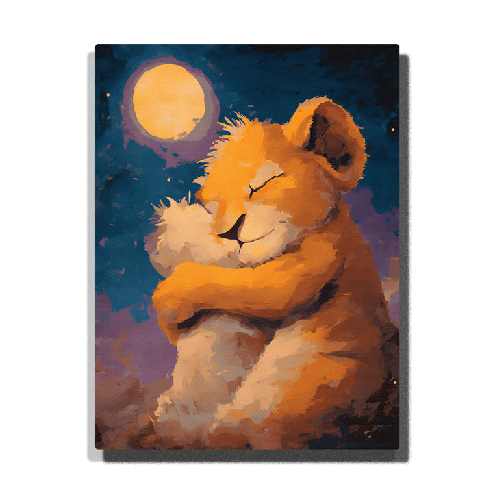 Lion cub hugging a teddy bear under a glowing full moon with closed eyes, golden-orange fur, cream plush toy, dark blue night sky, and soft moonlight, paint by numbers wall art by PaintEasy