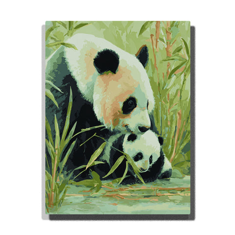 paint by numbers artwork depicting panda mother and cub resting in bamboo forest with green leaves, animal wall decor for adults by PaintEasy