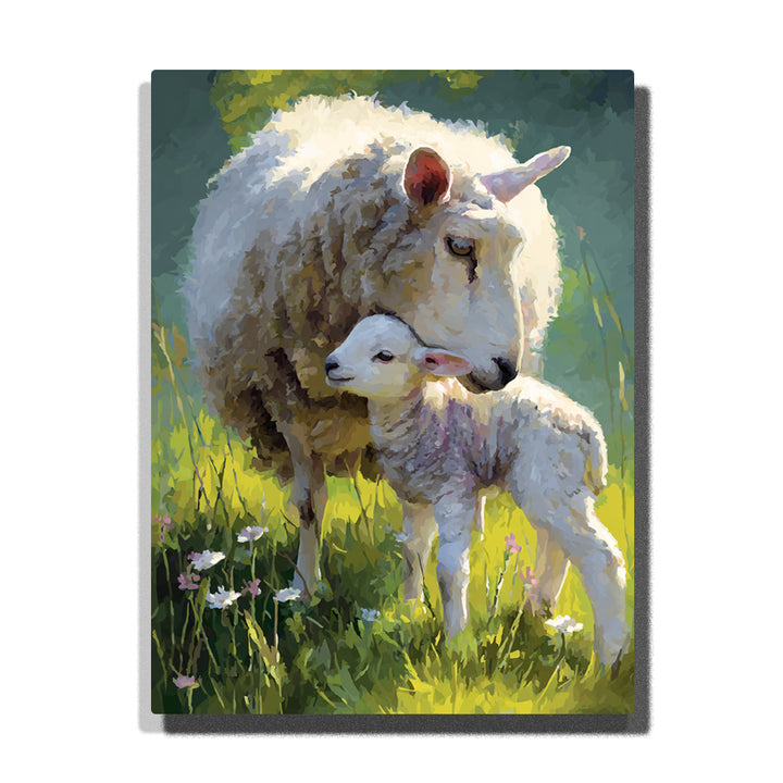 paint by numbers artwork depicting sheep mother and lamb in sunlit meadow with green grass and wildflowers, animal wall decor for adults by PaintEasy