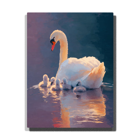 paint by numbers artwork depicting white swan with cygnets on calm water under twilight sky with warm reflections, animal wall decor for adults by PaintEasy