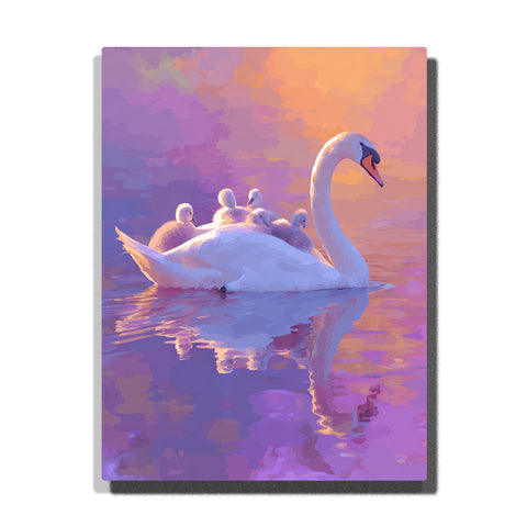 paint by numbers artwork depicting white swan with cygnets on calm lake with sunset reflections in pink and purple tones, animal wall decor for adults by PaintEasy