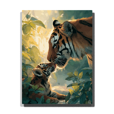 paint by numbers artwork depicting tiger mother and cub touching noses in forest light with green foliage, animal wall decor for adults by PaintEasy
