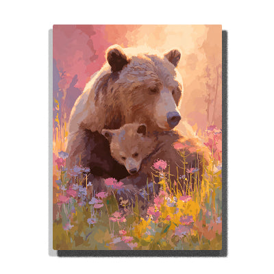 paint by numbers artwork depicting bear mother and cub in wildflower meadow with warm sunlight, soft floral landscape wall decor for adults by PaintEasy