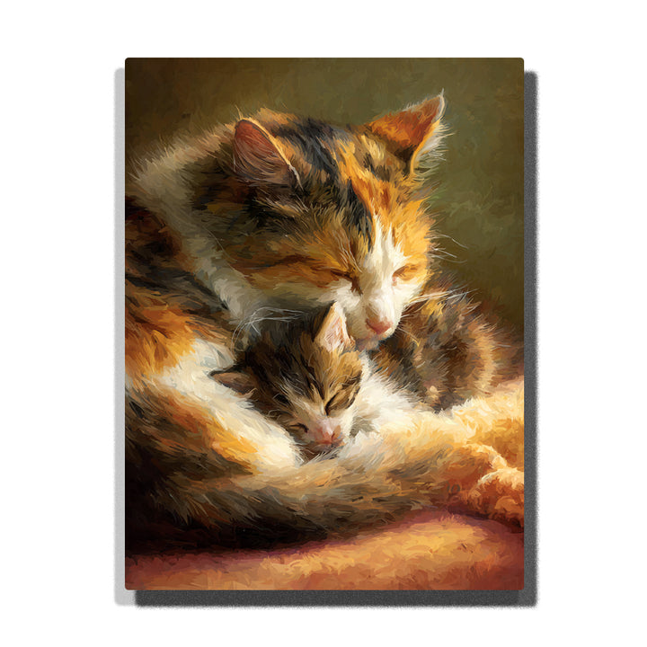 paint by numbers artwork depicting cat mother and kitten curled together in warm golden light with soft fur textures, animal wall decor for adults by PaintEasy
