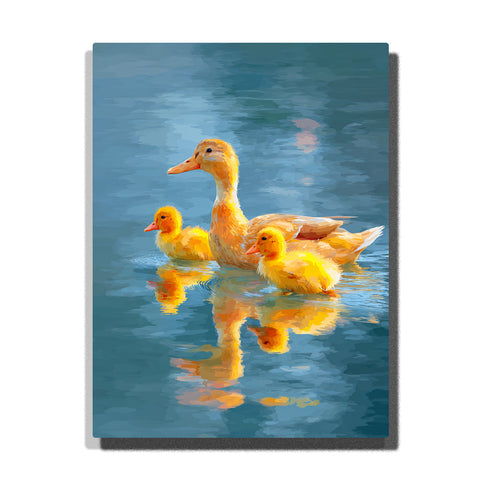 paint by numbers artwork depicting duck mother and ducklings swimming on water with soft reflections and ripples, animal wall decor for adults by PaintEasy