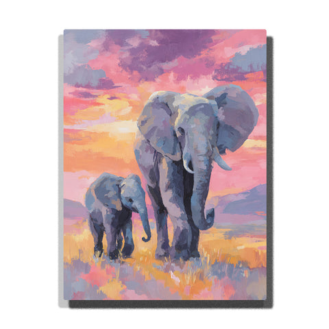 paint by numbers artwork depicting elephant mother and baby walking in open field under pink sunset sky, animal wall decor for adults by PaintEasy