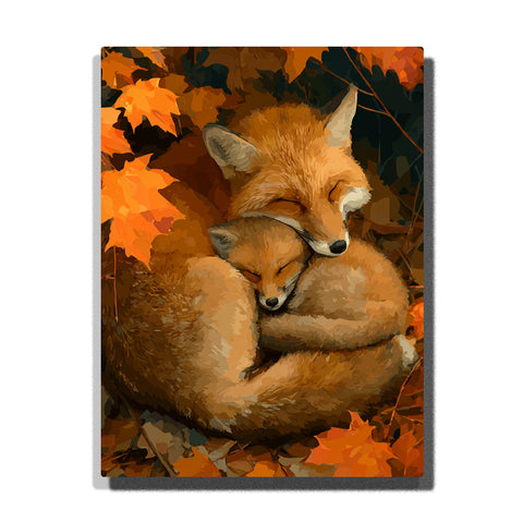 paint by numbers artwork depicting sleeping fox mother and baby curled in autumn leaves with warm light, animal wall decor for adults by PaintEasy