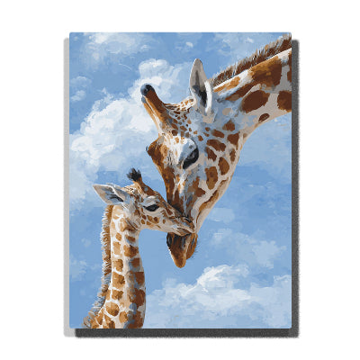 paint by numbers artwork depicting giraffe mother and calf touching heads under blue sky with soft clouds, animal wall decor for adults by PaintEasy