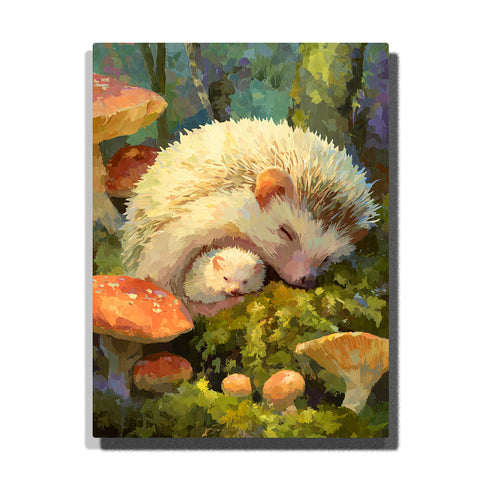 paint by numbers artwork depicting sleeping hedgehog with baby curled in forest moss among mushrooms under soft light, animal wall decor for adults by PaintEasy