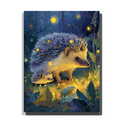 paint by numbers artwork depicting hedgehog in night garden with glowing fireflies, soft light and green foliage, animal wall decor for adults by PaintEasy