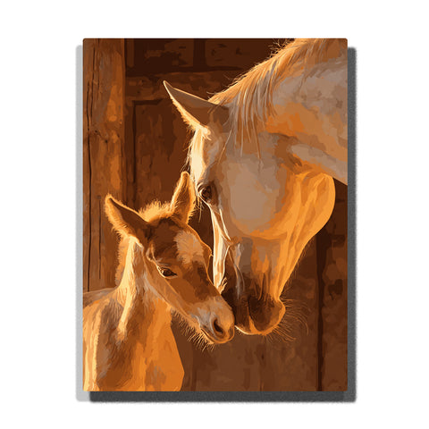 paint by numbers artwork depicting horse mother and foal touching heads in warm stable light with wooden background, animal wall decor for adults by PaintEasy